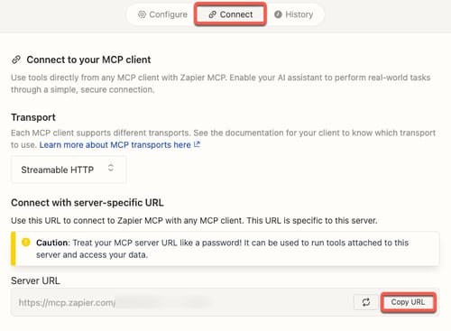 screenshot showing the Connect tab in Zapier to copy the Server URL.