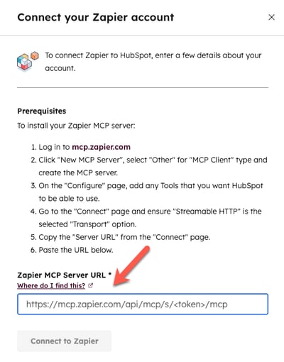 Screenshot mit Pop-up-Fenster zum Verknüpfen des Zapier MCP-Servers mit HubSpot