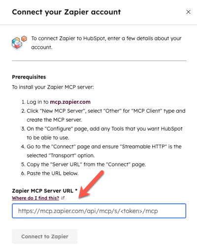 screenshot showing the pop up window to connect Zapier MCP Server in HubSpot.