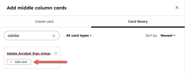 Captura de tela mostrando como adicionar a placa Assinar do Adobe Acrobat à coluna do meio dos registros no HubSpot.