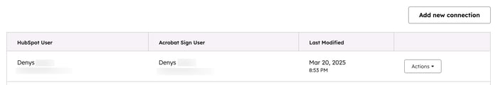 Captura de tela mostrando um usuário conectado para a integração Assinar do Adobe Acrobat no HubSpot.