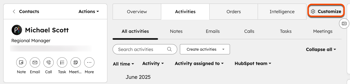 Screenshot of the Customize button on a contact record in HubSpot.