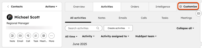 Captura de tela do botão Personalizar em um registro do contato no HubSpot.