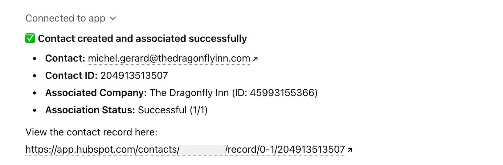 captura de tela mostrando a confirmação de que o ChatGPT criou um registro do contato no HubSpot.