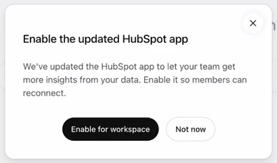 Captura de tela mostrando a caixa pop-up Ativar o aplicativo HubSpot atualizado que os administradores recebem ao abrir o ChatGPT.