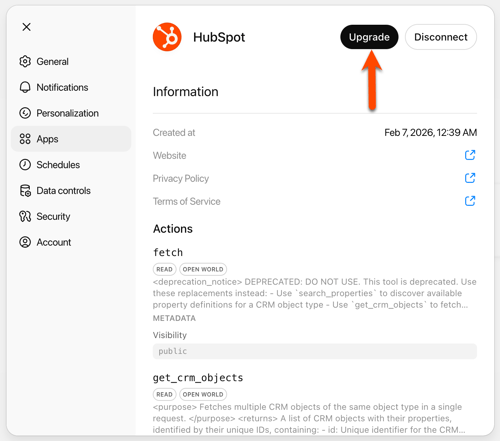 captura de tela mostrando o botão Atualizar para o aplicativo HubSpot no ChatGPT para usuários não administradores. 
