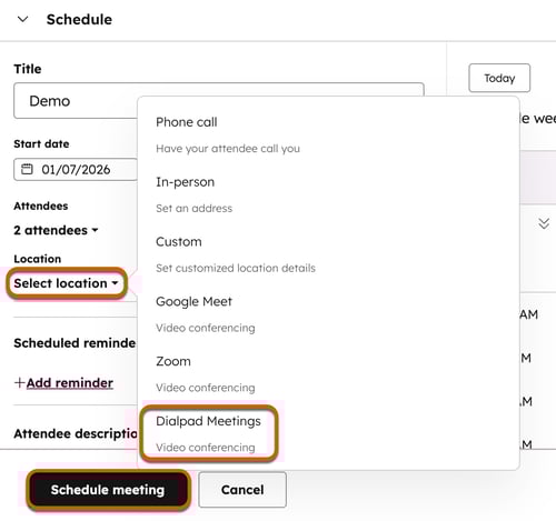 Captura de tela mostrando como selecionar Reuniões do Dialpad como um local ao agendar um agendador de reuniões com um contato no HubSpot.