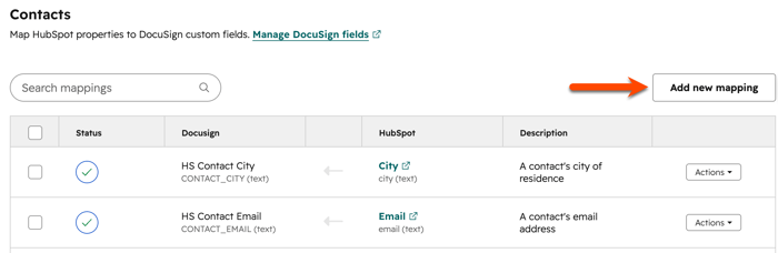 Screenshot showing the button to add a new mapping in the Docusign integration in HubSpot.