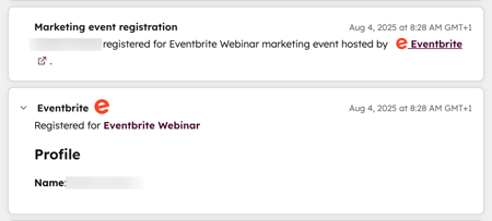 Screenshot showing the Eventbrite registration timeline event on a contact record in HubSpot.