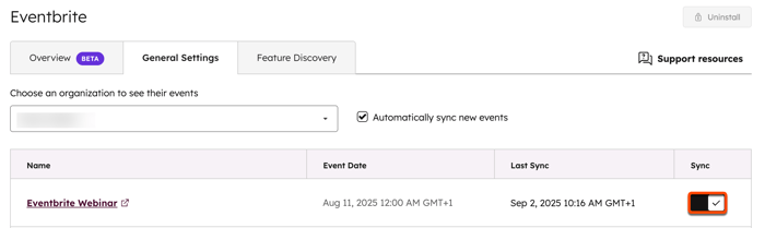 Screenshot showing the Sync toggle for an Eventbrite event in HubSpot.