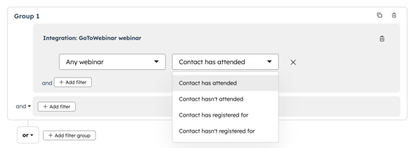 Screenshot showing the segment filter for the GoToWebinar integration. 