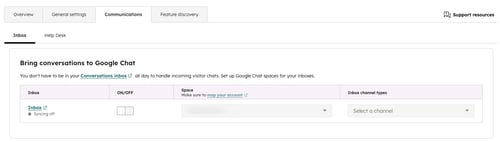 screenshot showing the Google Chat Communications tab in HubSpot.