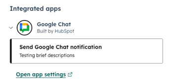 screenshot showing the Send Google Chat notification action under Integrated apps in workflows. 