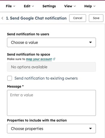 screenshot showing the setup of a Send Google Chat notification action in a workflow. 