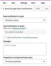 screenshot showing the setup of a Send Google Chat notification action in a workflow.