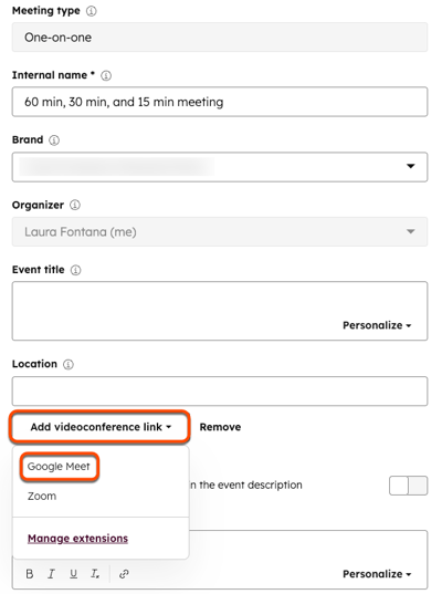Screenshot showing the Add videoconference link dropdown menu, highlighting the option for Google Meet.