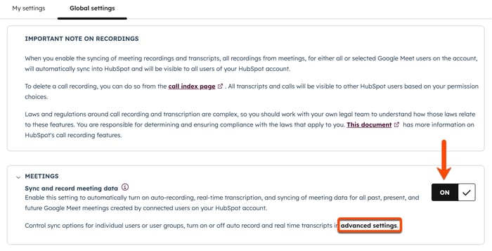 Screenshot showing the toggle to sync and record meeting data for Google Meet and the advanced settings option.
