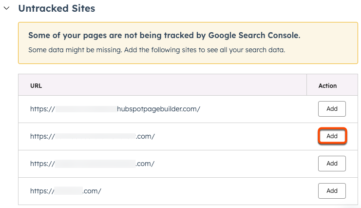 Screenshot showing the Untracked Sites section in the Google Search Console integration in HubSpot, highlighting the Add button.