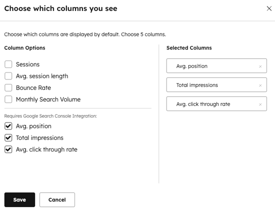 Screenshot showing the dialog box to select the columns you want to add to your Topics table.