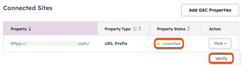 Screenshot showing a connected site with an Unverified status, highlighting the Verify button. 