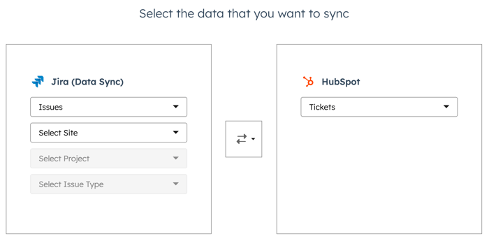 screenshot showing how to select the data to sync between JIRA and HubSpot