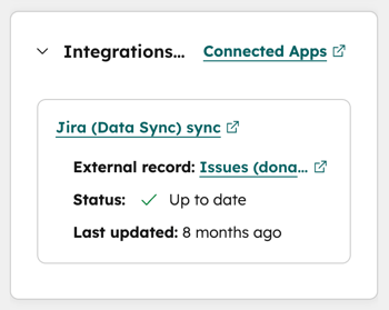 screenshot showing Jira (Data Sync) card on ticket record in HubSpot