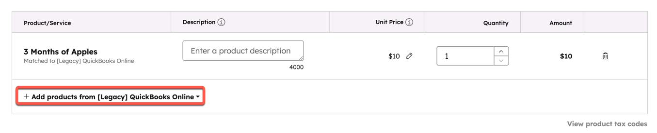 Screenshot showing how to add product to an invoice from QBO.