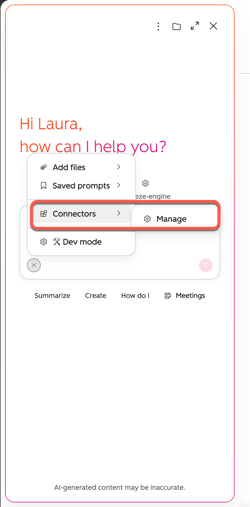 Screenshot showing the Manage options for connectors in Breeze Assistant.