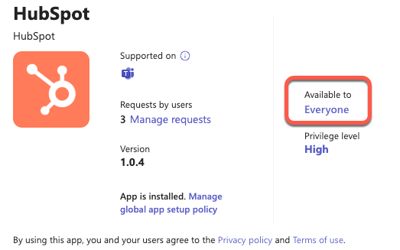 Kuvakaappaus, jossa näkyy HubSpot-sovellus MS Teamsissa ja korostetaan kenttää Available to. 
