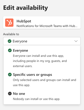 Kuvakaappaus, jossa näkyy HubSpot-sovelluksen Muokkaa saatavuutta -paneeli MS Teamsissa. 