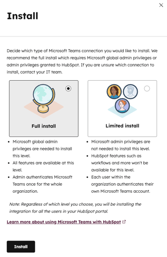 screenshot showing the Install your integration window in HubSpot. 
