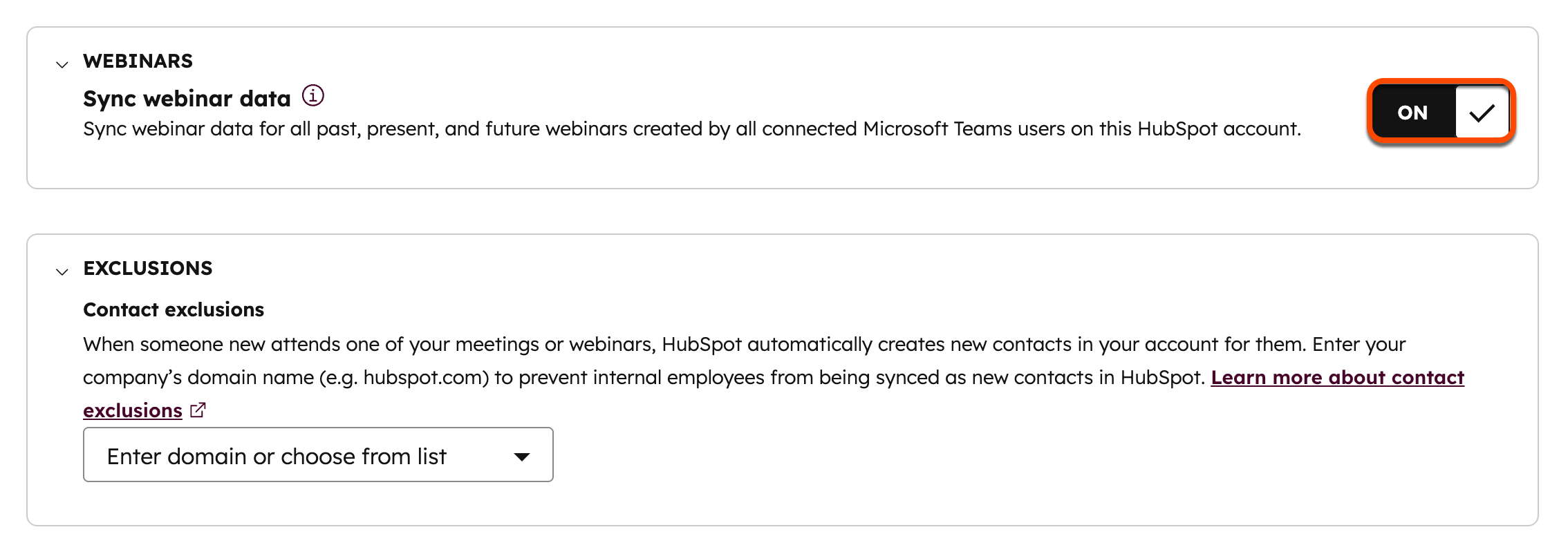 Capture d’écran montrant les paramètres globaux pour la synchronisation des webinars MS Teams dans HubSpot. 