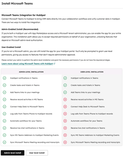 screenshot showing the Install Microsoft Teams window in HubSpot. 