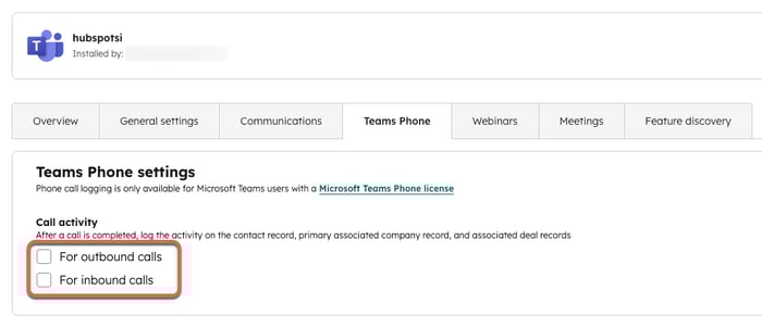 Screenshot showing the checkboxes to log outbound and inbound MS Teams calls to HubSpot. 