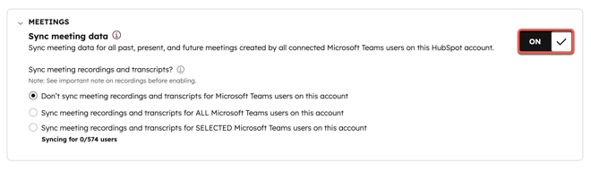 Screenshot showing the Sync meeting data toggle for MS Teams meetings in HubSpot