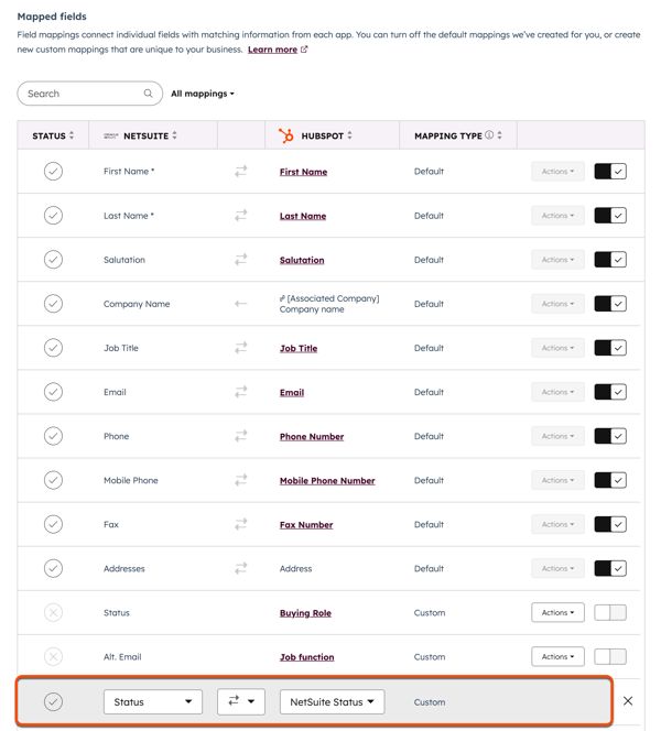 Screenshot, der zeigt, wie Sie eine benutzerdefinierte Zuordnung für das Feld Status zwischen HubSpot und NetSuite einrichten.