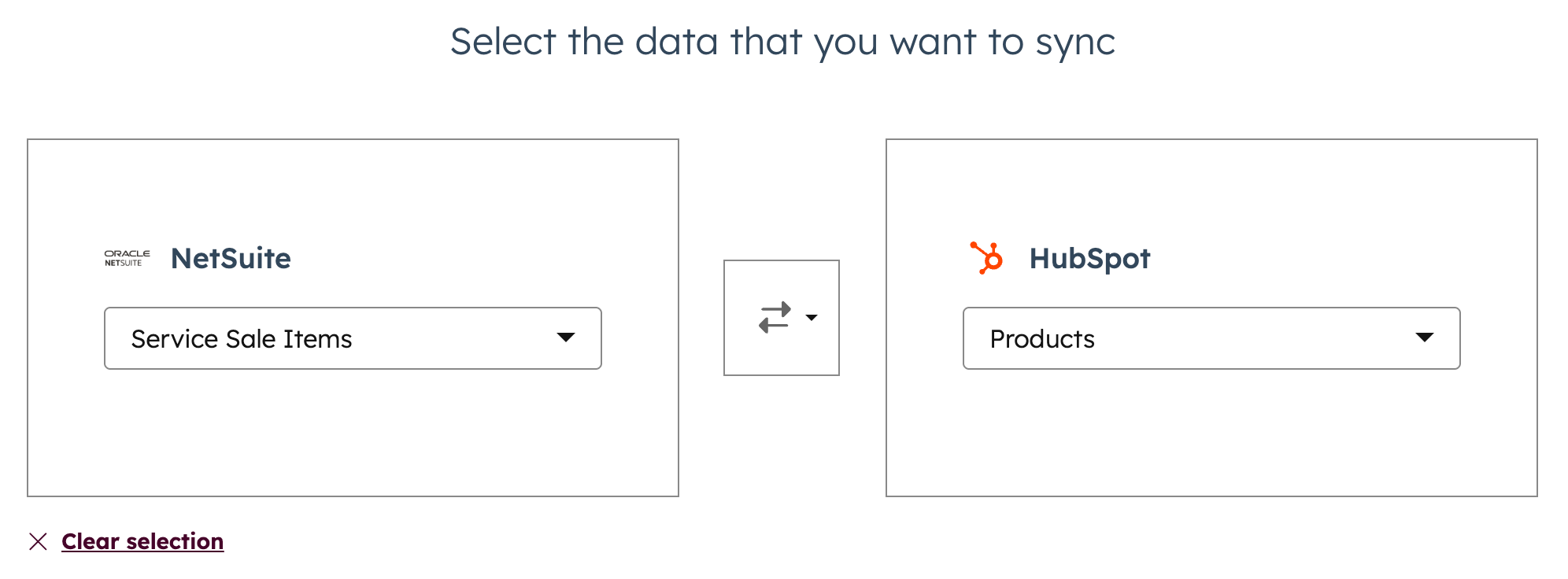 Screenshot showing how to select the objects in NetSuite and HubSpot to set up a product sync.