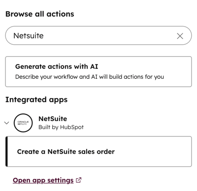 Screenshot showing the workflow action to create a NetSuite sales order.