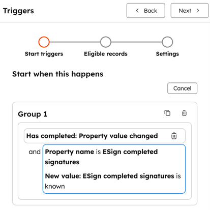 Screenshot showing how to set up workflow trigger for a paid quote. 