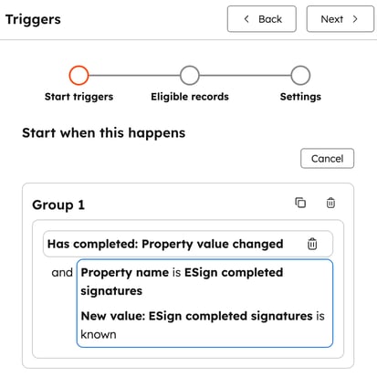 Screenshot showing how to set up workflow trigger for a paid quote.