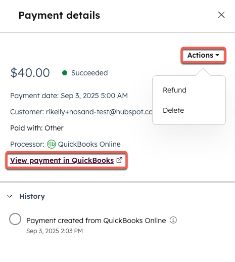 Capture d’écran montrant les détails du paiement sur une facture dans HubSpot, mettant en évidence le menu déroulant Actions et le lien permettant d’afficher le paiement dans QBO.
