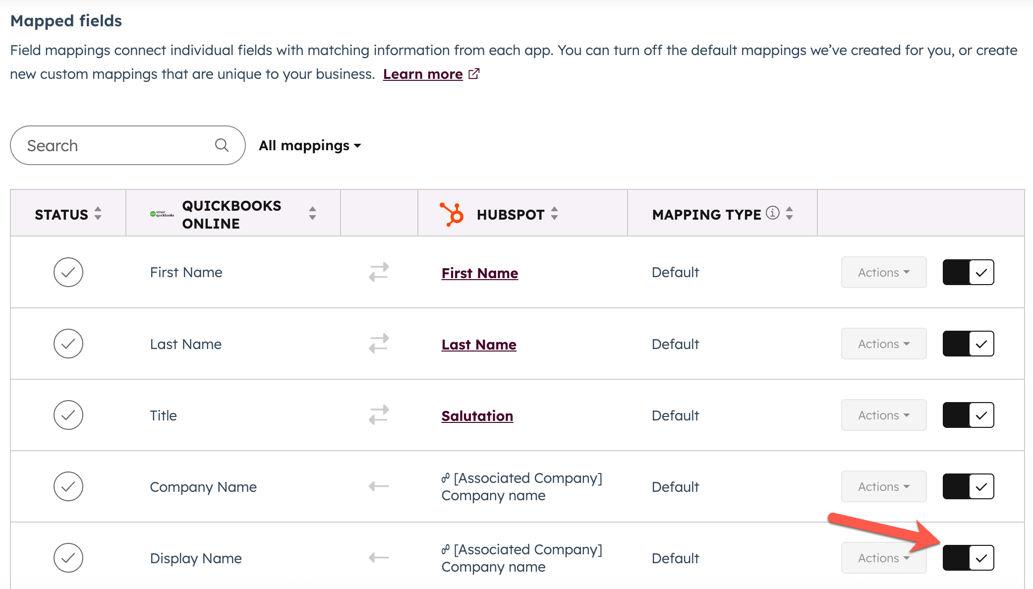 Capture d’écran montrant le mappage du nom d’affichage et du nom de l’entreprise associée dans les paramètres de synchronisation des contacts. 