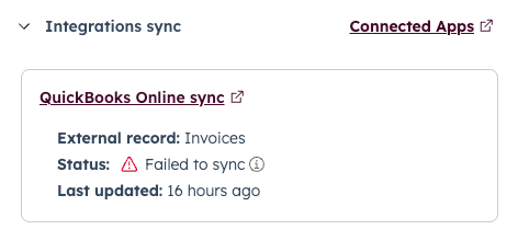 Capture d’écran montrant le statut de la synchronisation dans un panneau d’aperçu de facture dans HubSpot. 