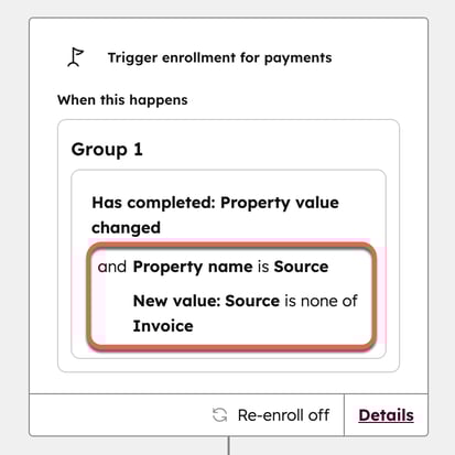 Screenshot showing the workflow trigger for "Source is none of Invoice".