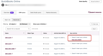 Screenshot showing the Sync Activity column to view more information about why a record is failing or excluded from the sync.
