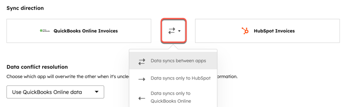 Capture d’écran montrant comment sélectionner la direction de synchronisation d’un objet entre HubSpot et QBO. 
