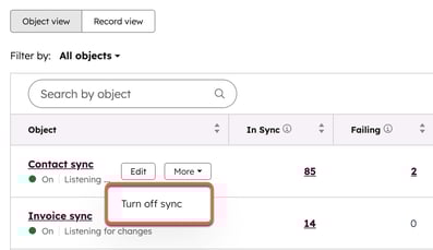 Capture d’écran montrant l’option permettant de désactiver une synchronisation dans le menu déroulant Plus. 