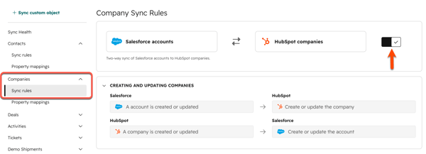 Screenshot showing the Companies tab in the Salesforce integration in HubSpot, highlighting the toggle to turn the company sync on. 