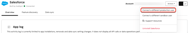 Screenshot showing the dropdown option to connect a production user. 