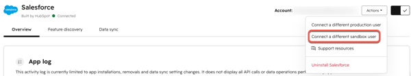 Screenshot showing the dropdown option to connect a sandbox user. 